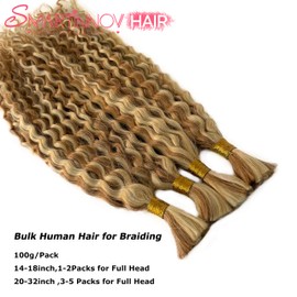 Boho Braids Human Hair Knotless Ombre Blonde Human Braiding Hair 14 Inch 27/613 Ombre Water Wave Bulk Human Hair for Braiding Wet and Wavy No Weft 100g 2 Bundles Curly Human Hair Extensions