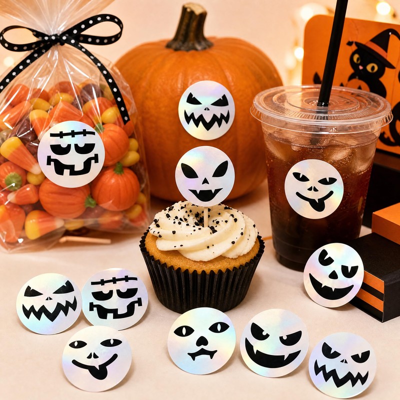 Halloween Ghost Face Stickers Roll 500PCS 1 Inch Round Holographic