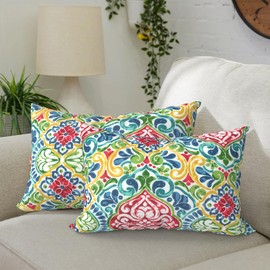 DYTXIII Set of 2 Outdoor Lumbar Pillow Covers Waterproof 12 x 20 Inch, Rectangle Decorative Fade Resistant Throw Pillowcase for Balcony, Porch, Couch and Patio Furniture Use - Damask Red