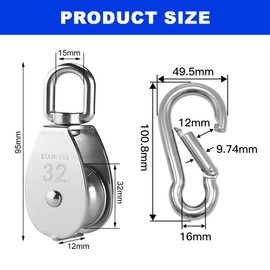 GmeDhc 32 mm pulleys for ropes, 2 pieces pulley with 2 pieces carabiner hooks, pulley stainless steel - load capacity 250 kg, for washing line, pulley system, industrial machinery, roller shutters
