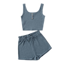 RoseSeek Girl's 2 Piece Outfits Waffle Knit Scoop Neck Button Down Crop Tank Tops Paperbag Waist Track Shorts Dusty Blue 10-11Y