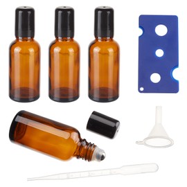 NICENEEDED 4 Pack 30ML Essential Oil Roller Bottles, Amber Oil Roller Bottles for with Stainless Steel Balls Opener Funnel Dropper Included, Glass Roller Bottles with Caps for Travel
