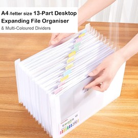 TRANBO Expanding File Folder with 13 Pockets, A4 Expandable Document Organiser for School Office Home, 13 Compartments Filling Box, Clear White