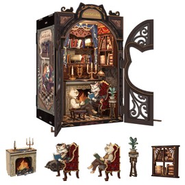 Fsolis Book Nook Kit DIY Scene Miniature Dollhouse Kit, 3D Puzzles for Adults, 108 Wooden Pieces, Bookshelf Decor Tiny House Mini Booknook Craft, Gift for Women Scale Model Lovers (Count Cat's Study)