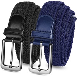 FINGER TEN Men's Stretch Belts Elastic Braided Value 2 Pack, Woven Belt for Golf Casual Pants Shirts Jeans (fit for Waist Size 34"-38", Black+Blue)
