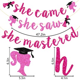 Firefairy She Came She Saw She Mastered Banner, pancarta preencordada con felicidades, ella dominó, lo hiciste, decoraciones de fiesta de graduación para niña, purpurina rosa y negra