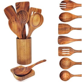 Wooden Spoons for Cooking, 9 Pcs Teak Kitchen Utensils Set Wooden Spatula