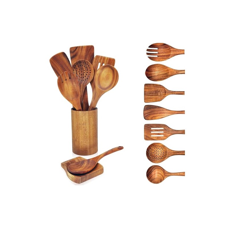 Wooden Spoons for Cooking, 9 Pcs Teak Kitchen Utensils Set