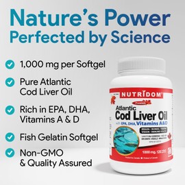 NUTRIDOM Atlantic Cod Liver Oil 1000 mg – 120 Fish Gelatin Softgels – Rich in EPA, DHA, Vitamins A & D – Non-GMO, Gluten-Free, Made in Canada