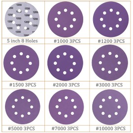 Aewio 24PCS 5 inch 8 Hole #1000-#10000 Sanding Discs 1000 1200 1500 2000 3000 5000 7000 10000 Grit Wet Dry Sandpaper Compatible for Random Orbital Sanders (#1000-#10000 Each 3PCS)