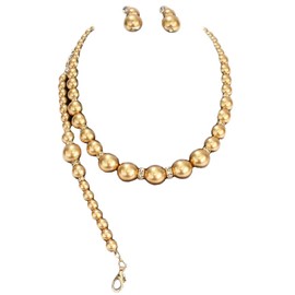 Fashion Jewelry ~ Imitation Faux Pearls Rhinestones Necklace Bracelet and Earrings Jewelry Set for Women (Goldtone)