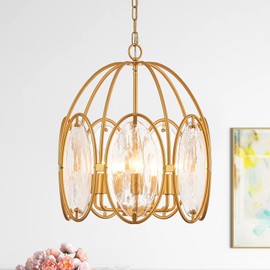 MERCASA Modern Glass Chandelier for Dining Room, Gold Drum Ceiling Pendant Lighting Fixture Cage Farmhouse Chandelier 18 Inches for Foyer Bedroom Living Room, Textured Glass