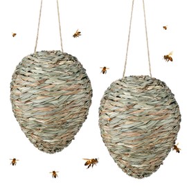 Qualirey 2 Pcs Wasp Nest Decoy 10 Inches Woven Wasp Deterrent Outdoor Fake Faux Woven Reed Hanging Deterrent for Hornets Yellow Jackets Home Patio Garden Decoration Outdoor Waterproof Material