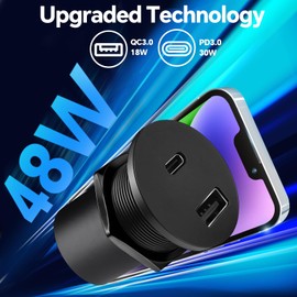 acegoo USB Socket 12V Outlet Campervan CNC Aluminum 48W Type A + Type C, PD3.0 & QC3.0 Fast Charging for Motorhome RV Marine Boat Bus Car Truck Van, 1 Pack