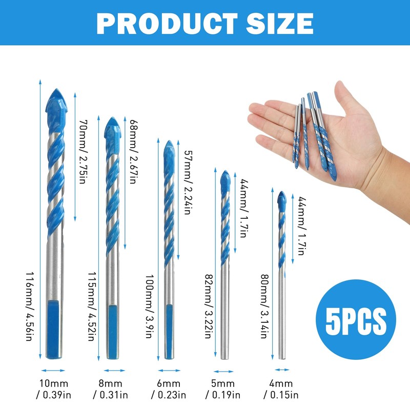 5PCS Tungsten Carbide Masonry Drill Bit Set with Carbide Tips,