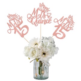 ZHUOWEISM 12 PCSMis 15 Centerpiece Sticks Glitter Happy 15th Birthday Centerpieces Cheers to 15 Years Mis Quince 15 Floral Decorations for 15th Birthday Party Table Centerpieces Supplies Rose Gold