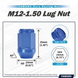 YAMARU M12x1.50 19mm(3/4”) Hex One-Piece Bulge Acorn Dura Racing Lug Nuts Cold-Forged 7075 Aluminum (20pcs - Anodized Blue - typeCUK)