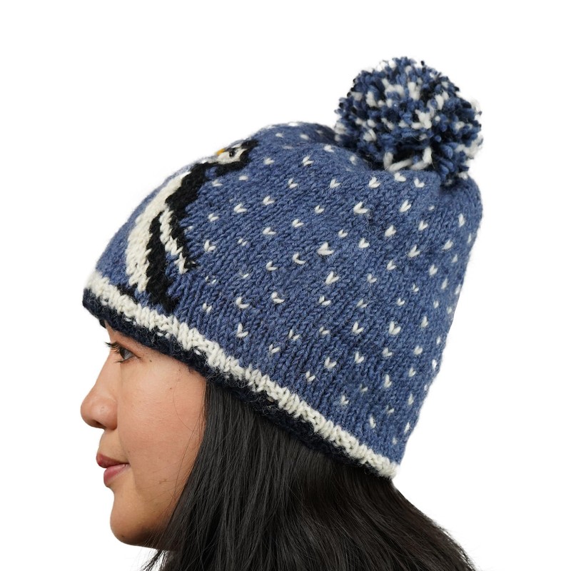Pachamama Women Wool Bobble Beanie Hat Handknitted Penguin Design Multicoloured