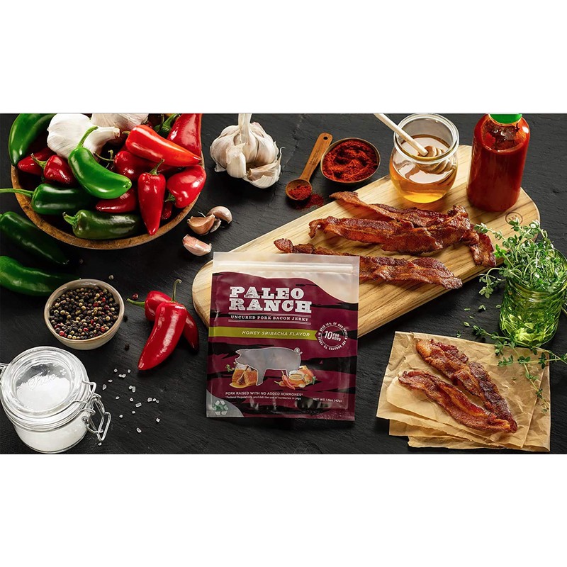 PALEO RANCH Uncured Bacon Jerky, Honey Sriracha, No Added Hormones,
