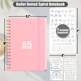 HEYPLACE Bullet Dotted Spiral Notebook A5, Pink Notebook Journal 5x5 Dotted Grid Graph Paper with Painting Stencil 300 Pages/150 Sheets for Office School Women Gift