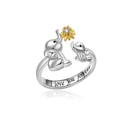 VYYU Silver Ring for Mother Daughter - I Love You Forever Rings with Big & Small Elephants, Adjustable Open Rings for Mum Daughter Jewellery Gifts