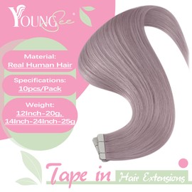 YoungSee Lightpurple Hair Extensions Tape Lightpurple Tape in Real Human Hair Colorful 24In 25G 10Pcs