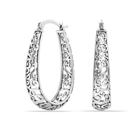 LeCalla 925 Sterling Silver Hoop Earrings | Lightweight Oval Medium Antique Click-Top Filigree Hoops Earring for Women - 27MM