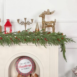 SHareconn 6FT Artificial Christmas Cedar Pine Garland, Cedar Pine Needles Greenery Seasonal Garland, Pine Cones and Red Berries for Fireplace, Wall, Indoor, Stairs Wall Christmas Decoration