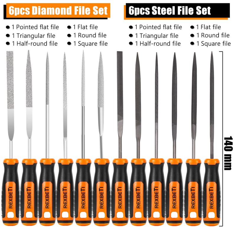 REXBETI 19Pcs Metal Needle File Set, Small Diamond Files, 12Pcs