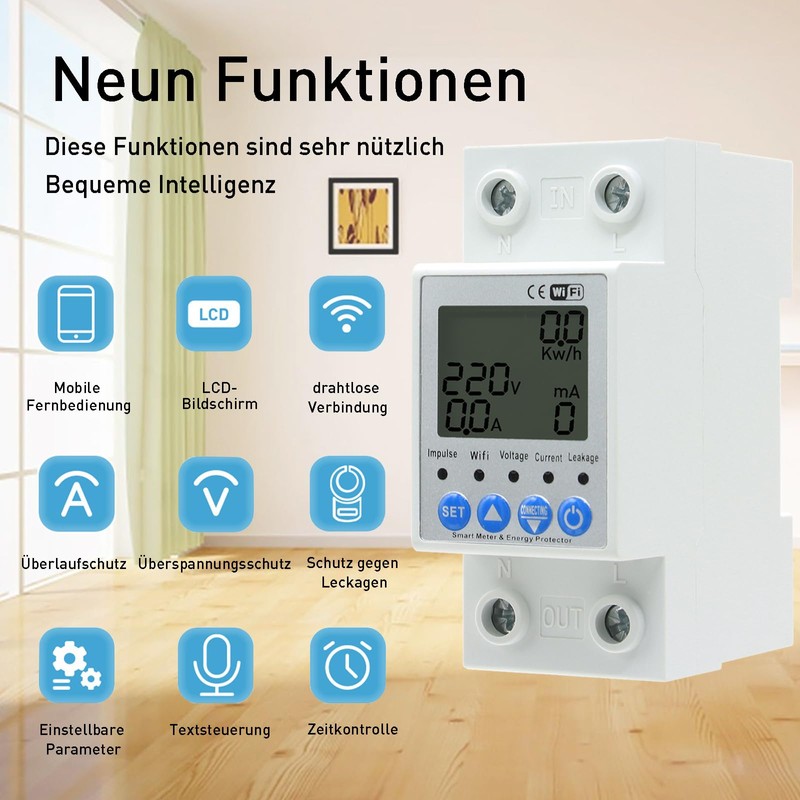 JOYELEC Smart WLAN Electricity Meter, DIN Rail 1 Phase 63
