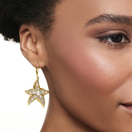 Ross-Simons Opal and 5-5.5mm Cultured Pearl Starfish Drop Earrings With 1.20 ct. t.w. White Topaz in 18kt Gold Over Sterling