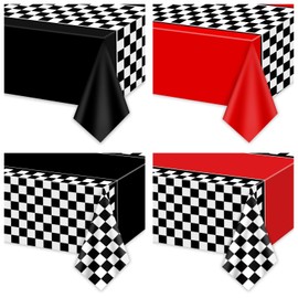 Pack of 4 Checked Racing Car Tablecloths, Black and White Checked Tablecloth for Motor Racing Birthday Party Decorations Supplies Children Two Fast Birthdays, 220 x 130 cm