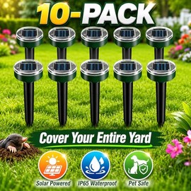 Ultrasonic Mole Repellent Solar Powered- Mole, Gopher & Vole Repellent for Yard & Garden - Sonic Burrowing Pest Control, Snake & Groundhog Repellent, Pet Friendly, Outdoor Waterproof – 10 Pack