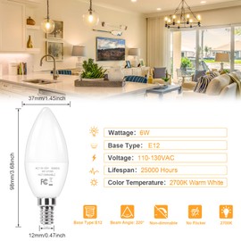 Odnora E12 Candelabra LED Light Bulbs 60W Equivalent, 2700K 6W 450 Lumens Chandelier Light Bulbs, Daylight White LED Ceiling Fan Light Bulbs, B11 Candle Light Bulbs Small Base, Non-dimmable 12 Packs