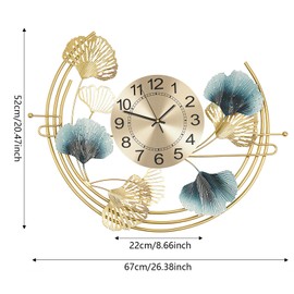 SanBouSi Large Wall Clock 26" 3D Creative Metal Ginkgo Leaf Decoration Clock Silent Non Ticking Wall Clocks for Bedroom Livingroom Kitchen, Battery Operated, Gold