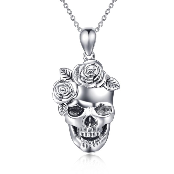 ONEFINITY Skull Necklace Sterling Silver Goth Rose Skull Pendant Necklace