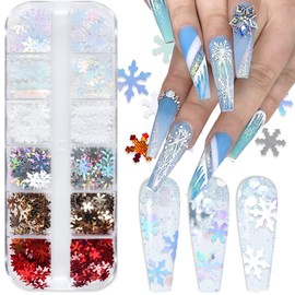 Holographic Snowflake Nail Sequins,3D Snow Flakes Laser Nail Glitter Snowflake Sticker Decals for Acrylic Nails Decorations DIY Christmas Snow Winter Accessories Decals for Women (1 box/12 Grids)