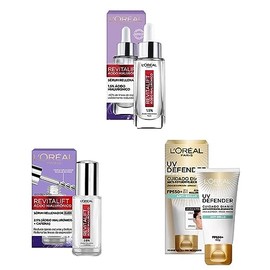 L'Oreal Paris Serum Facial Anti Arrugas Acido Hialuronico Revitalift L'Oreal Paris + Serum de Ojos Anti Líneas de Expresión 20 ml + Protector Solar Diario Anti-Brillo FPS50+ UV Defender, 40ml