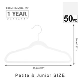 MIZGI Premium All White Kids Velvet Hangers with White Hooks 50 Pack 14" inch White Felt Space Saving Hangers,Nonslip Huggable Hangers for Petite Junior Children's Skirt Dress Pants,Clothes Hangers