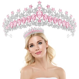 Silver Pink Rhinestone Princess Crown Headband, Round Rhinestones Baroque Tiara Hair Accessories Bridal Hairbands Tiara Party Headwear Wedding for Bride, Bridesmaid, Princess, Girl