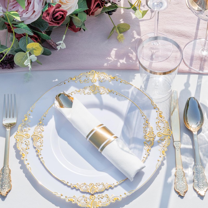 Nervure 350PCS Gold Plastic Plates - Gold Plastic Dinnerware Sets