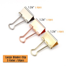 Binder Clips Paper Clamps Paper Clips, 1.26inch (32mm), 3 Colored Set, 18 Pcs Large Size Office Clips for Home School and Business