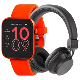Reflex Active Series 12 Red Strap Smart Watch and Wireless Foldable On Ear Headphones with Built in Mic Bundle Gift Set