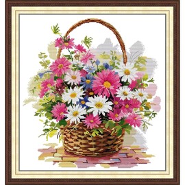 ITSTITCH Stamped Cross Stitch Kits- Full Set of Embroidery for Beginners or Adults,14 CT 2 Strands DIY Basket of Daisies Patterns Counted Arts Craft 17.7×17.7 inch