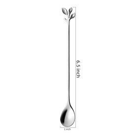 AnSaw 6.5" Elegant Leaf-Design Silver Coffee & Tea Spoons Set of 6- Long Handle Stainless Steel Stirring Spoons for Espresso, Iced Tea - Ideal Coffee Bar Accessories