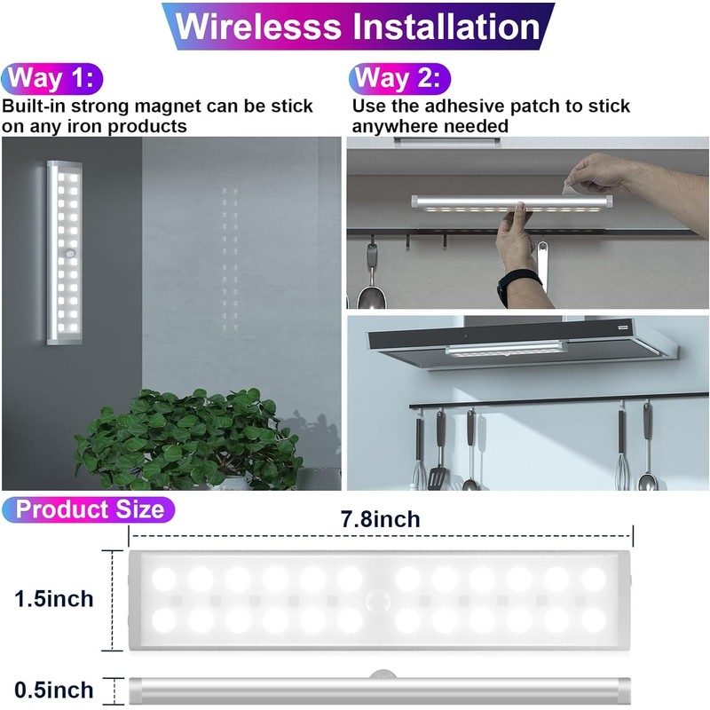 Under Cabinet Lights Wireless, 58-LED Rechargeable Motion Sensor Closet Lights