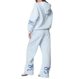 2 Piece Lounge Sets for Women Fall Sweatsuits Bow Print Long Sleeve Crew Neck Wide Leg Sweatpants Matching Tracksuit (Blue, XL)