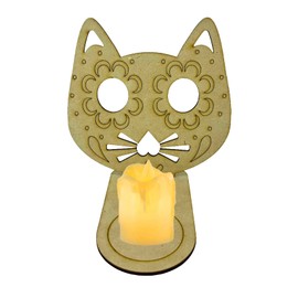 Portavela Calaverita de azúcar para altar Día de Muertos con vela de pila incluida. Paquete con 4 piezas. (Gato)
