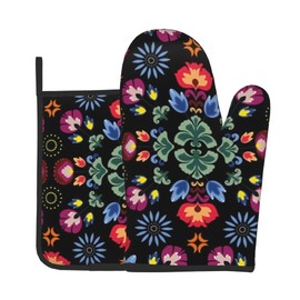 Oven Mitts and Pot Holder Set with Flower Pattern for Cooking Baking