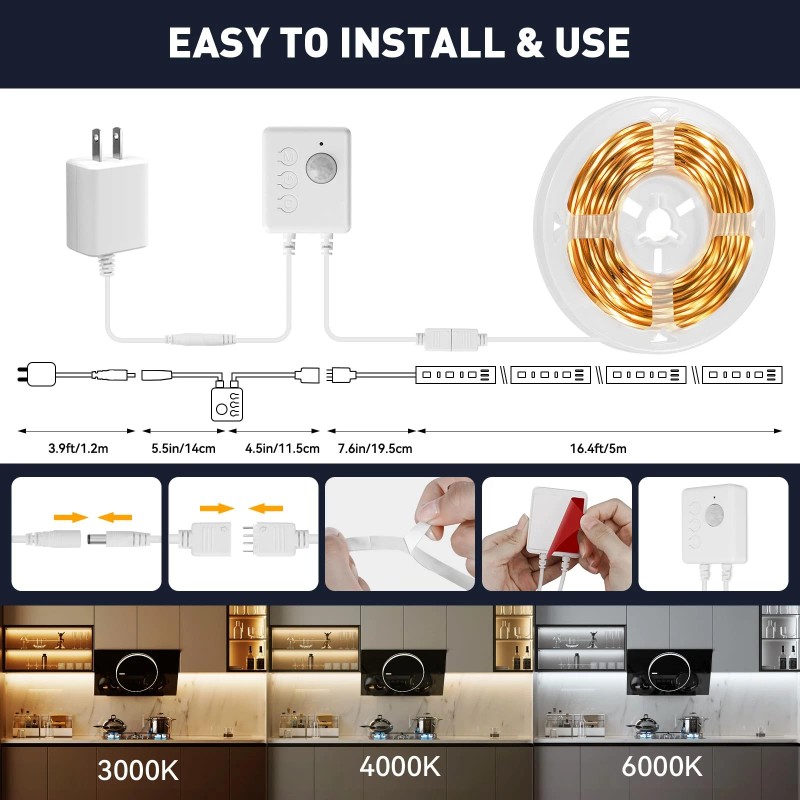 Huemihui Motion Activated LED Strip Lights,16.4Ft Ultra Brighter 150LED Motion